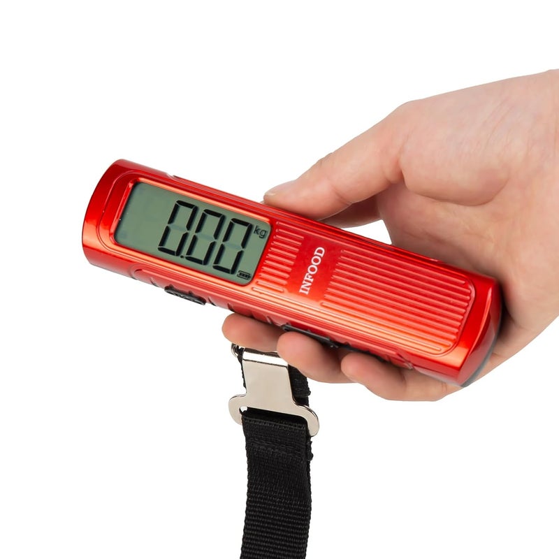 INFOOD Battery-Free Digital Luggage Scale, Suitcase Scale for Travel, Portable Luggage Weight Scale with Hook & LCD Display for Luggages, Packages & Bags, 110lb/50kg Handheld Scale, Red - Image 1